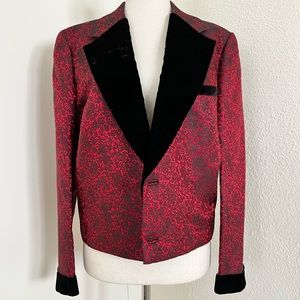 Vintage Red & Black Brocade Smoking Dinner Jacket, velvet trimmed, Silk Lined